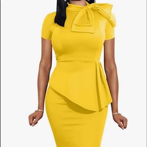 Yellow Women Fashion Peplum Bodycon Short Sleeve Bow Ruffle Pencil Party Dress